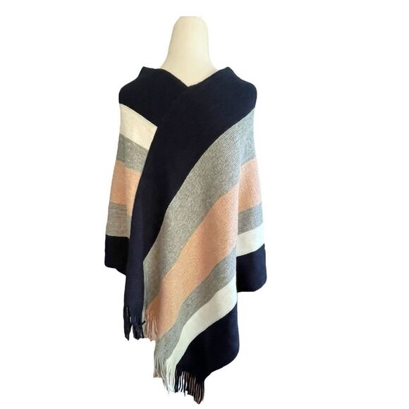 Striped Poncho Sweater Pink Gray Blue White Knit Fringed Detail Pull-Over OS - Picture 3 of 3